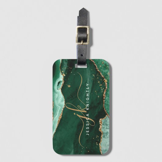 Groen Gold Agate Geode Script Initiaal Monogram Bagagelabel (Voorkant (verticaal))