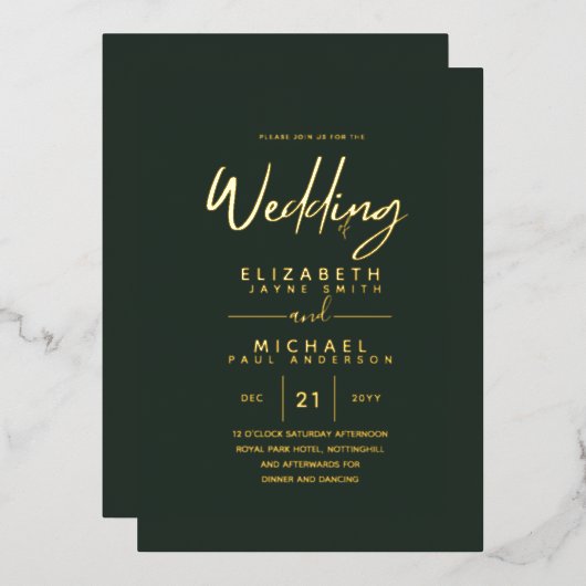 Groen Gold Foil Script Elegant Modern Wedding Folie Uitnodiging (Voorkant / Achterkant)
