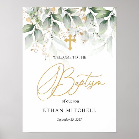 Groen Gold Foliage Cross Welcome Baptisme Poster (Voorkant)