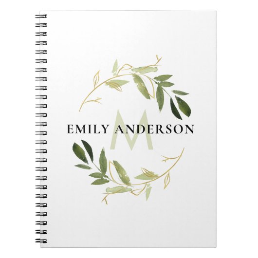 GROEN GOLD FOLIAGE WATERVERF WREATH MONOGRAM NOTITIEBOEK (Voorkant)