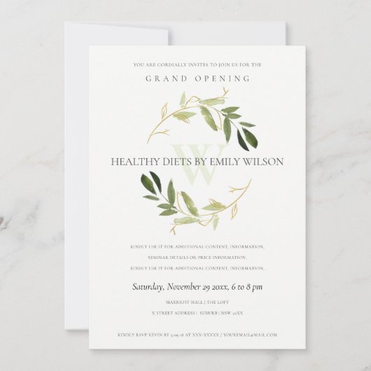 GROEN GOLD FOLIAGE WREATH GRAND OPENEN INVITE BEDANKKAART (Voorkant)