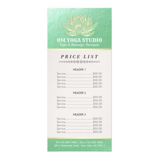 Groen Gold Lotus YOGA Reiki Instructor Prijslijst Reclamekaart (Voorkant)