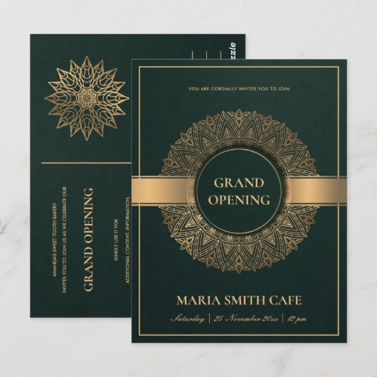 GROEN GOLD  MANDALA GRAND OPENEN INVITE BRIEFKAART (Voorkant / Achterkant)
