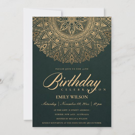 GROEN GOLD MANDALA JAAR 40E BIRTHDAY PARTIJ KAART (Voorkant)