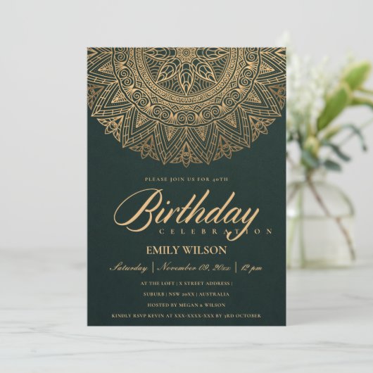 GROEN GOLD MANDALA JAAR 40E BIRTHDAY PARTIJ KAART (Staand voorkant)