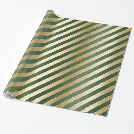 Groen Gold Stripes kerstpapier Cadeaupapier (Uitgerold)