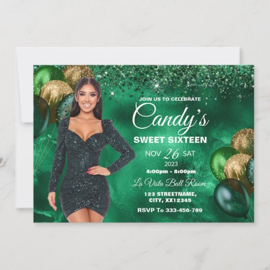 Groen & Gold Sweet 16 Girl Birthday Invitation Kaart (Voorkant)