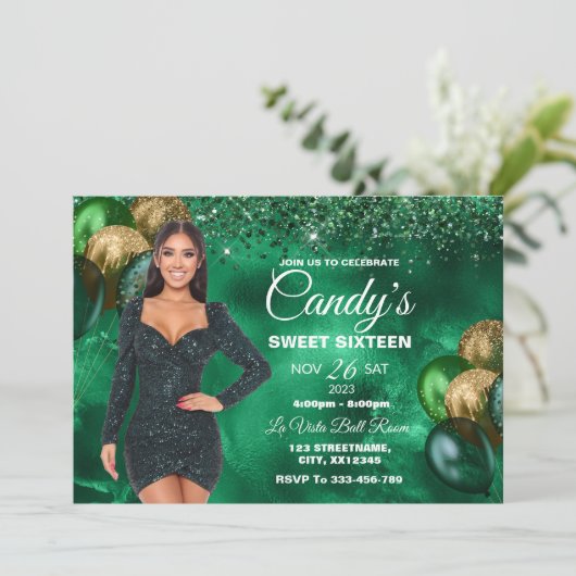 Groen & Gold Sweet 16 Girl Birthday Invitation Kaart (Staand voorkant)