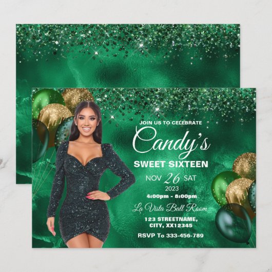Groen & Gold Sweet 16 Girl Birthday Invitation Kaart (Voorkant / Achterkant)