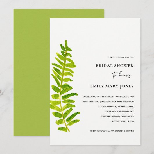 GROEN GOLD WATERVERF FERN FOLIAGE VRIJGEZELLENFEES KAART (Voorkant / Achterkant)