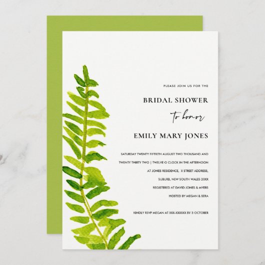 GROEN GOLD WATERVERF FERN FOLIAGE VRIJGEZELLENFEES KAART (Voorkant / Achterkant)