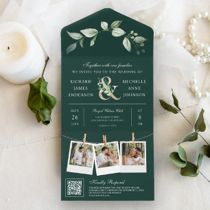 Groen Goud Ampersand QR Code Smaragd Huwelijk All In One Uitnodiging