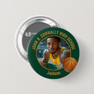 Groen Goud Basketbalspeler Foto Middelbare School Ronde Button 5,7 Cm