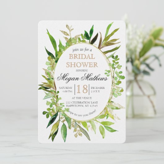 Groen & Goud Blad Bruids Douche Uitnodiging (Staand voorkant)