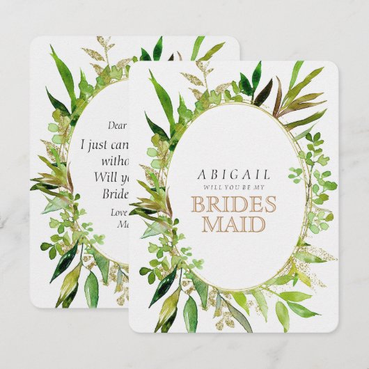 Groen & Goud Blad ingelijst Zal u bruidsmeisje wor Kaart (Voorkant / Achterkant)