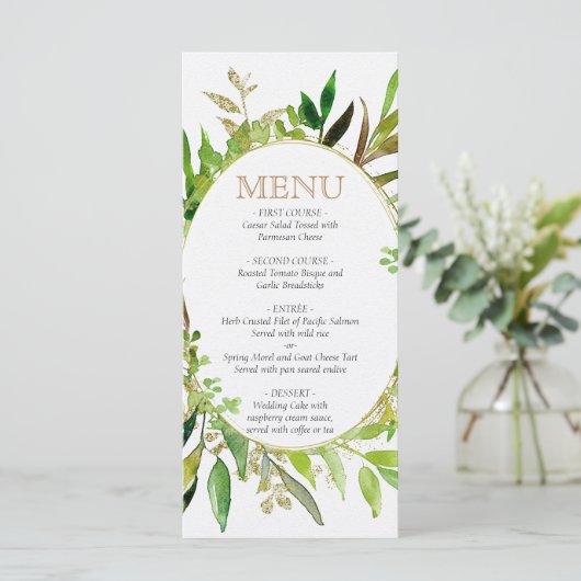 Groen & Goud Blad Ingelijste bladeren Bruiloft Men Menu (Staand voorkant)