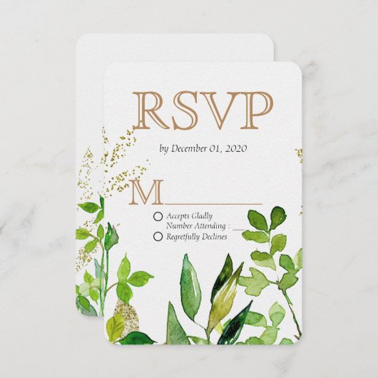 Groen & Goud Blad Ingelijste Bladeren Bruiloft RSV RSVP Kaartje (Voorkant / Achterkant)