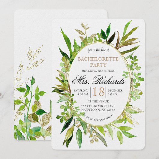 Groen & Goud Blad Vrijgezellenfeest Uitnodiging (Voorkant / Achterkant)