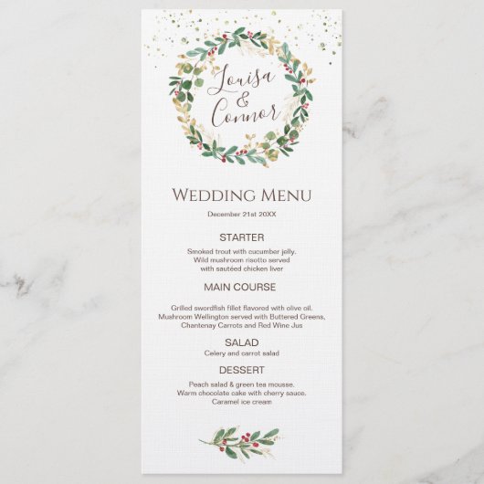 Groen Goud Bladeren Rode Berry Wedding Menu (Voorkant)