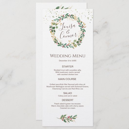 Groen Goud Bladeren Rode Berry Wedding Menu (Voorkant / Achterkant)