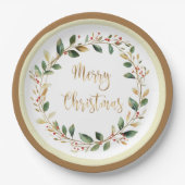 Groen Goud Bladergroen Rode Berry Kerstmis Papieren Bordje (Voorkant)