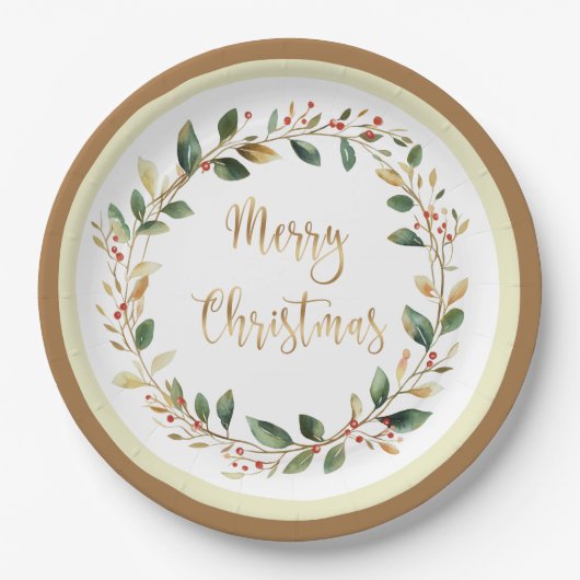Groen Goud Bladergroen Rode Berry Kerstmis Papieren Bordje (Voorkant)