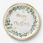Groen Goud Bladergroen Rode Berry Kerstmis Papieren Bordje (Voorkant)