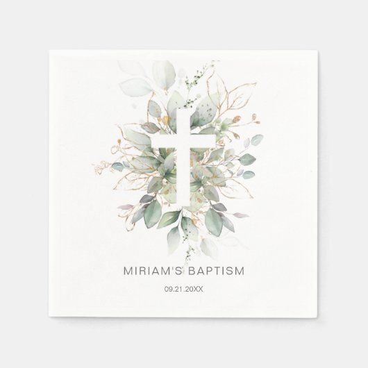 Groen Goud Bladerkruis Doop Papier Servet (Voorkant)