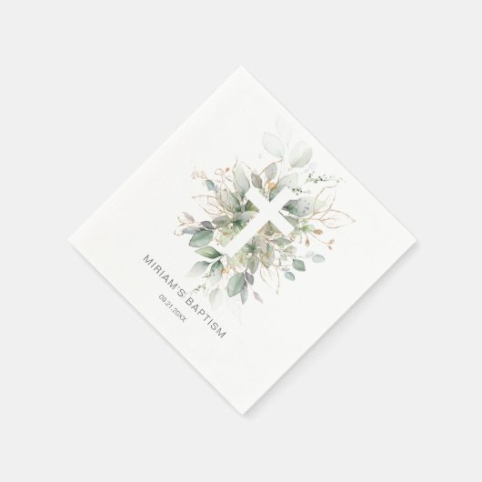 Groen Goud Bladerkruis Doop Papier Servet (Hoek)