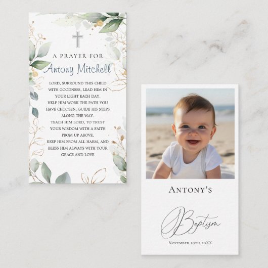 Groen Goud Bladerkruis Doopsgebed Contactkaartje (Voorkant / Achterkant)