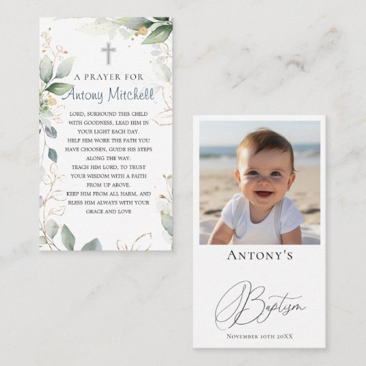 Groen Goud Bladerkruis Doopsgebed Visitekaartje (Voorkant / Achterkant)