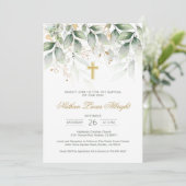 Groen Goud Bladgroen Kruis Baby Doop Kaart (Staand voorkant)