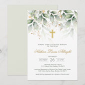 Groen Goud Bladgroen Kruis Baby Doop Kaart (Voorkant / Achterkant)