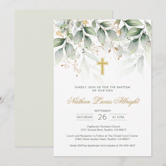 Groen Goud Bladgroen Kruis Baby Doop Kaart (Voorkant / Achterkant)