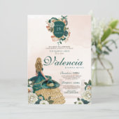 Groen Goud Bloemen Crest Elegant Charra Quinceaner Kaart (Staand voorkant)