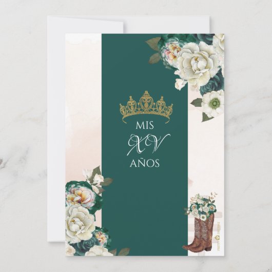 Groen Goud Bloemen Crest Elegant Charra Quinceaner Kaart (Achterkant)