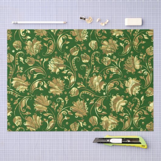Groen & Goud Bloemen Damasks Patroon Tissuepapier (Craft)