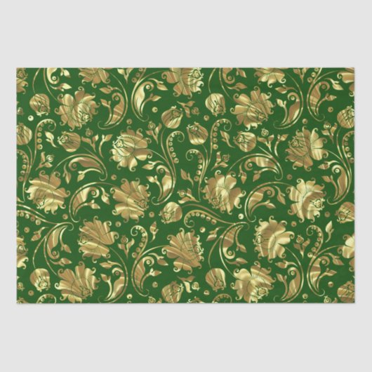 Groen & Goud Bloemen Damasks Patroon Tissuepapier (Voorkant)