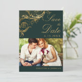  Groen Goud Bloemen Damast Foto Bruiloft Save The Date (Staand voorkant)