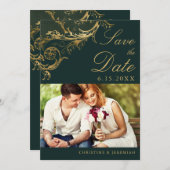  Groen Goud Bloemen Damast Foto Bruiloft Save The Date (Voorkant / Achterkant)
