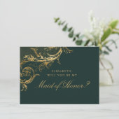 Groen Goud Bloemen Damast Maid of Honor Kaart (Staand voorkant)