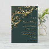  Groen Goud Bloemen Damast Monogram Bruiloft Kaart (Staand voorkant)