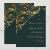  Groen Goud Bloemen Damast Monogram Bruiloft Kaart (Voorkant / Achterkant)