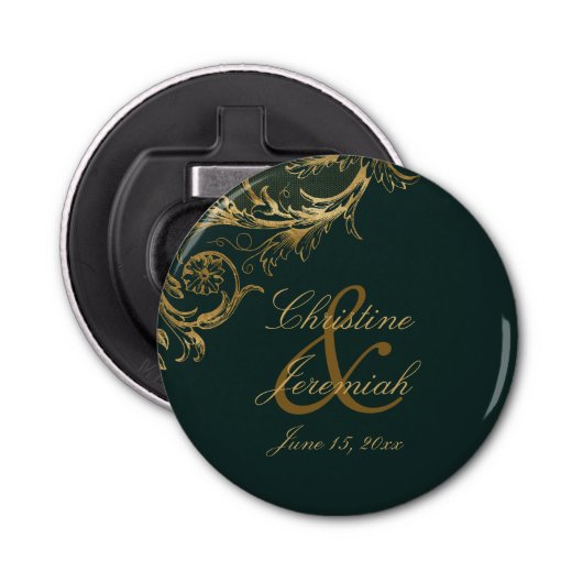  Groen Goud Bloemen Damast Script Bruiloft Button Flesopener (Voorkant)
