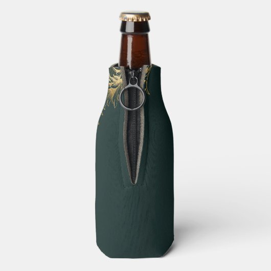  Groen Goud Bloemen Damast Script Bruiloft Flesjeskoeler (Fles Achterkant)