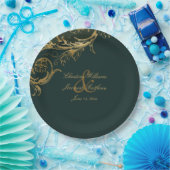  Groen Goud Bloemen Damast Script Bruiloft Papieren Bordje (Feest)