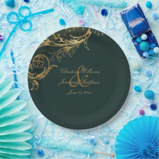  Groen Goud Bloemen Damast Script Bruiloft Papieren Bordje (Feest)