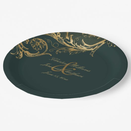 Groen Goud Bloemen Damast Script Bruiloft Papieren Bordje (Gekanteld)