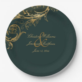  Groen Goud Bloemen Damast Script Bruiloft Papieren Bordje