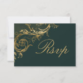  Groen Goud Bloemen Damast Script Bruiloft RSVP Kaartje (Achterkant)